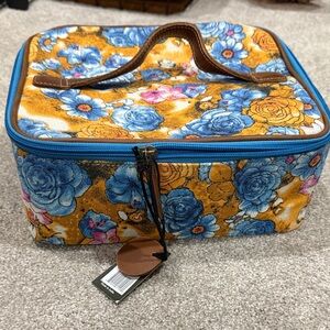 Myra Bag Blue and Gold Floral Cosmetic Case